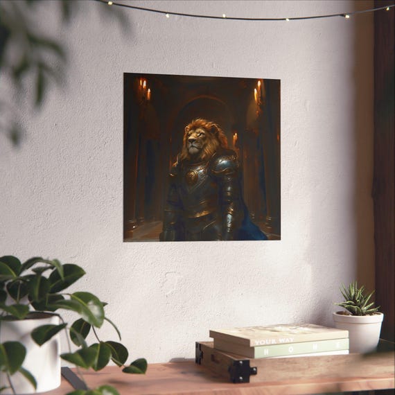 Maximalist Eclectic Medieval Lion Knight Poster Print Bold Altered Animal Portrait Fantasy Fun Colorful Renaissance Rustic Vintage Art