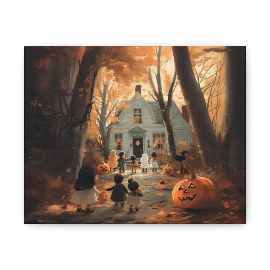 Children Trick Or Treating On Autumn Path Jack O Lanterns Print - Image 3