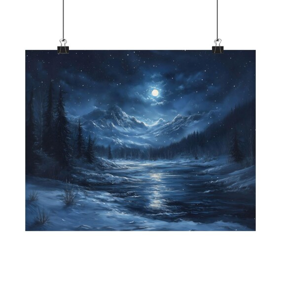 Full Moon Over Snowy Mountain Valley With Starry Sky And River Wall Art