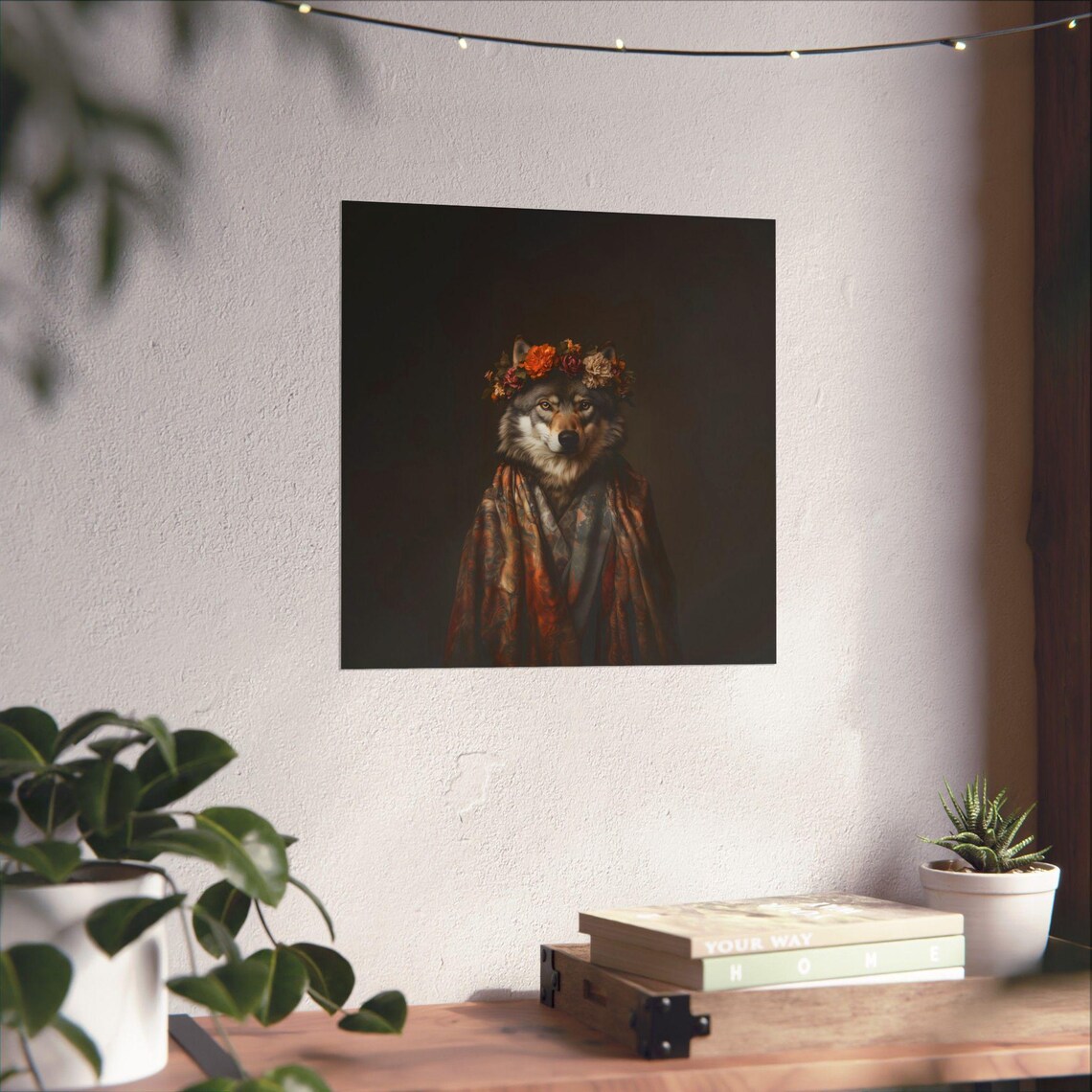 Wolf in Flower Crown and Floral Robe Elegant Maximalist Animal Fashion Poster