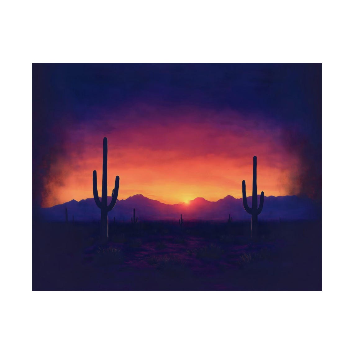 Vibrant Desert Sunset Two Saguaro Cacti Silhouette Horizon Poster - Image 3