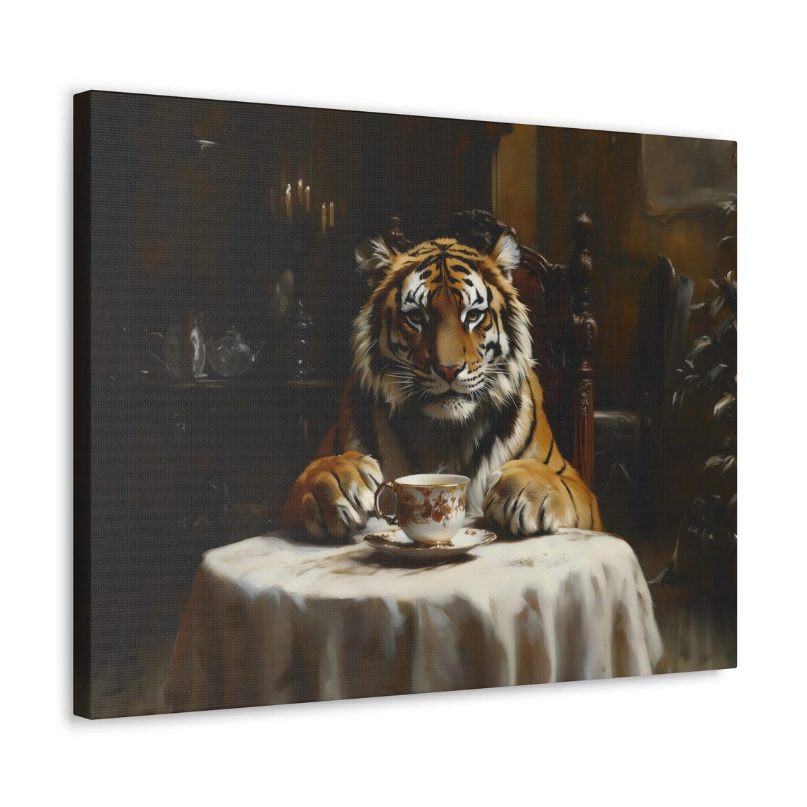 Tiger Tea Time Dark Victorian Table Oil Painting Animal Art Poster - Image 4