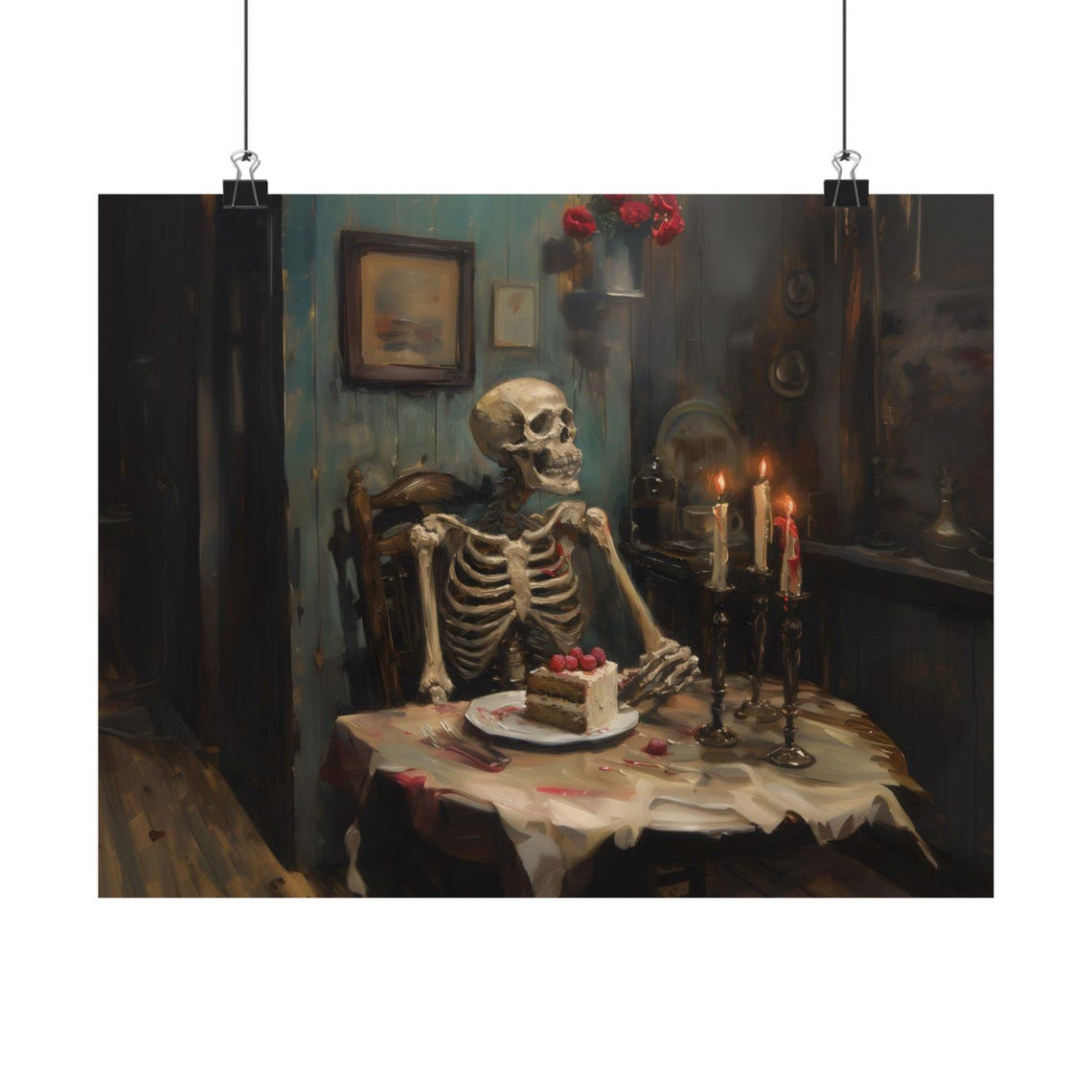 Skeleton Eating Cake at Candlelit Table Dark Humor Spooky Poster