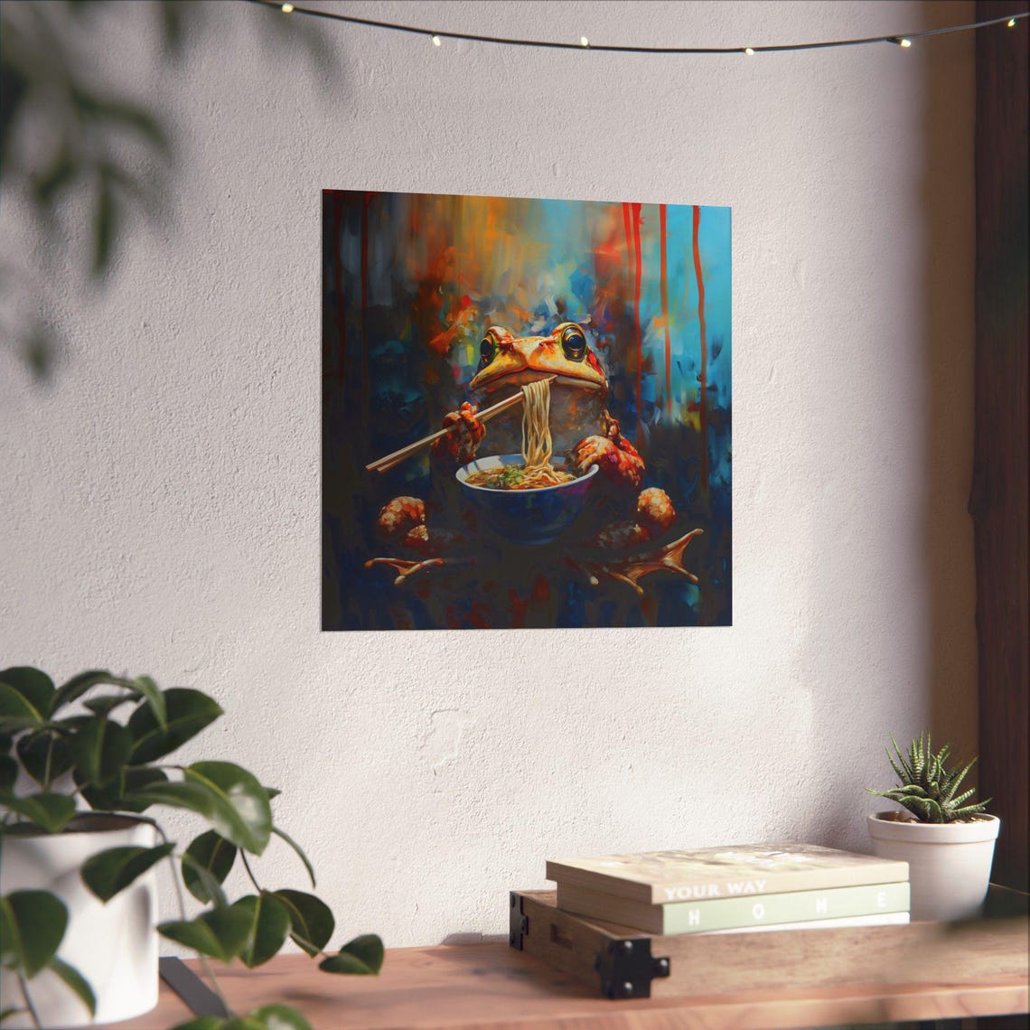 Cheerful Frog Slurping Noodles in Abstract Colorful Art Poster