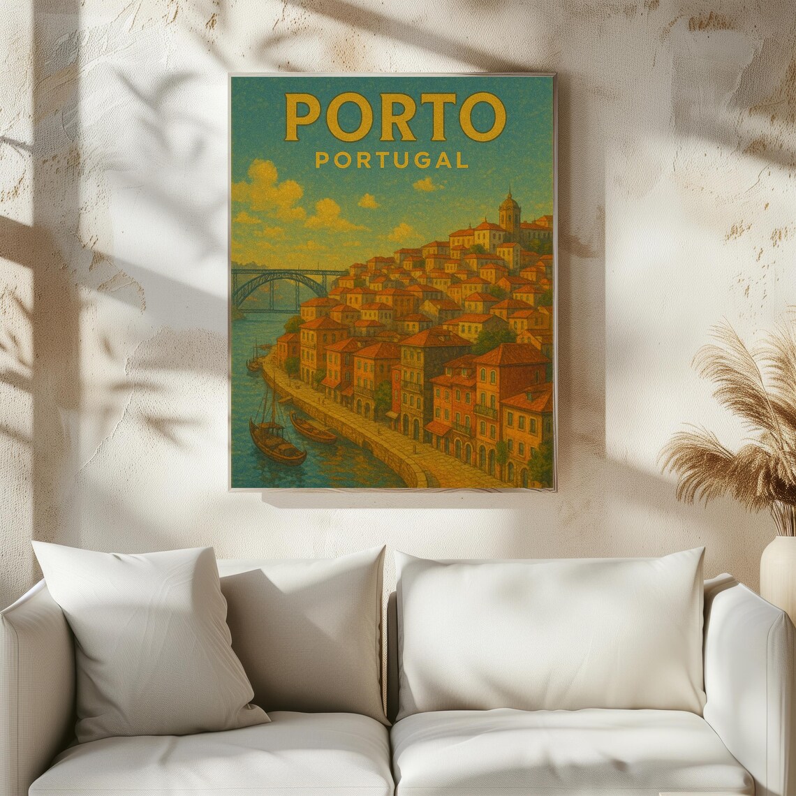 Porto Portugal Riverside Old Town With Bridge Vintage Travel Poster