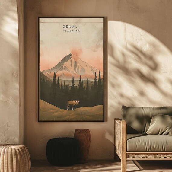 Denali Alaska Mountain Sunrise Landscape Moose Travel Poster