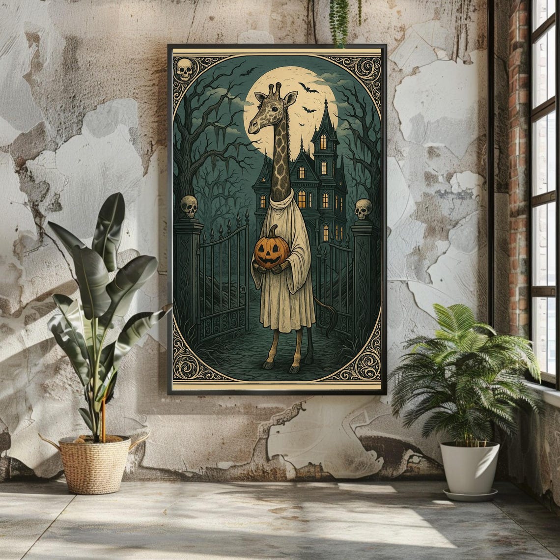 Halloween Giraffe Matte Vertical Poster Spooky Gothic Decor Whimsical Costume Wall Art Funny Lighthearted Jackolantern Print