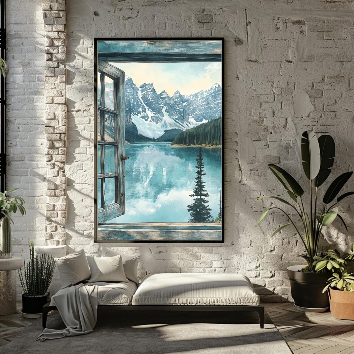 Open Window to Turquoise Mountain Lake Alpine Peaks Art Poster