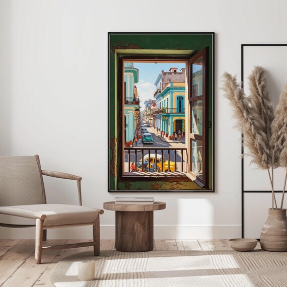 Open Window To The Havana Street Vertical Poster Classic Car Art Print Colorful City Wall Decor Matte Decal Cuban Home