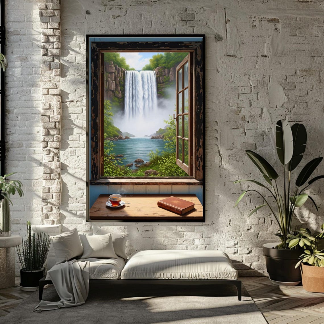 Waterfall View Through Open Window With Tea And Book Nook Poster
