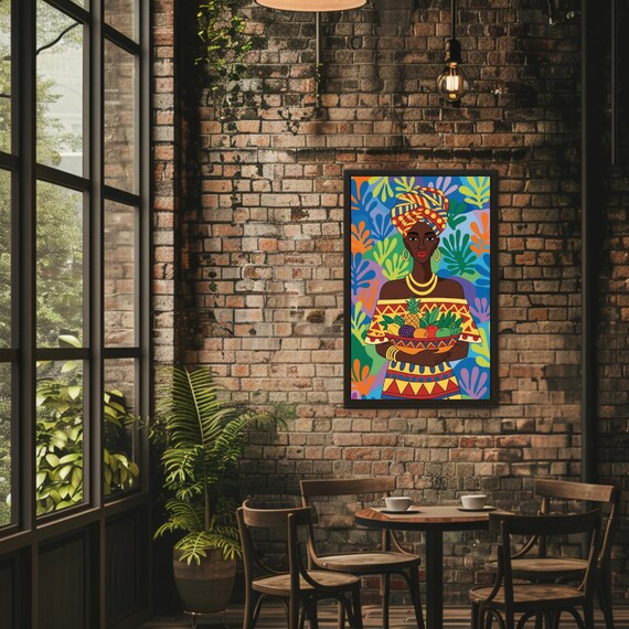 African Woman Fruit Bowl Colorful Ethnic Cultural Art Poster