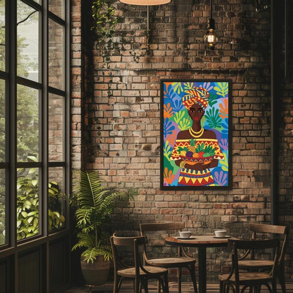 African Woman Matte Vertical Poster Colorful Ethnic Art Print Vibrant Cultural Decor Traditional Patterns Lush Fruits Bowl Wall