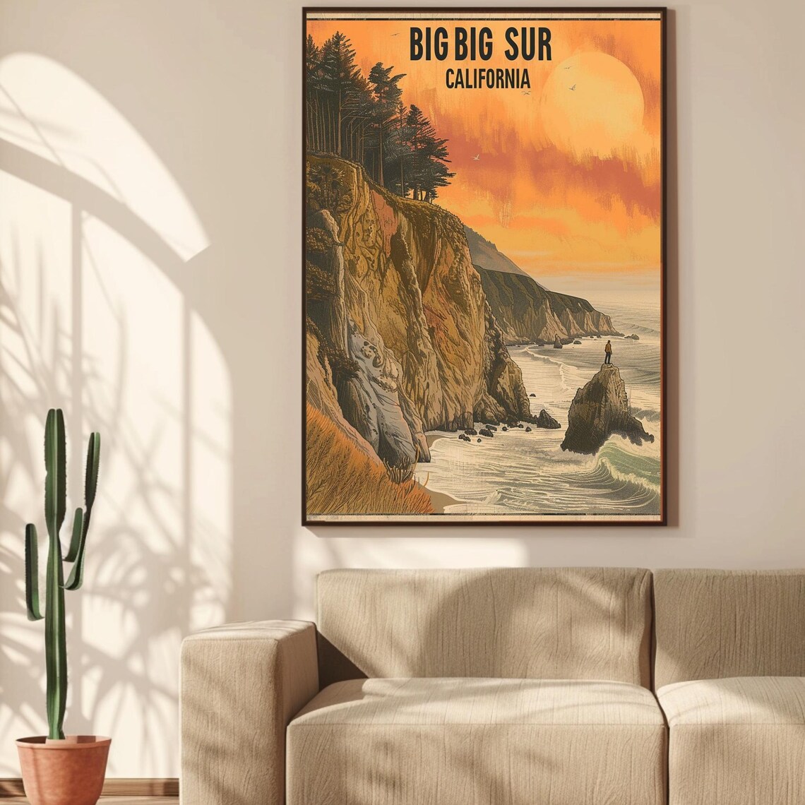 Big Sur California Vintage Sunset Cliffs and Ocean Travel Poster