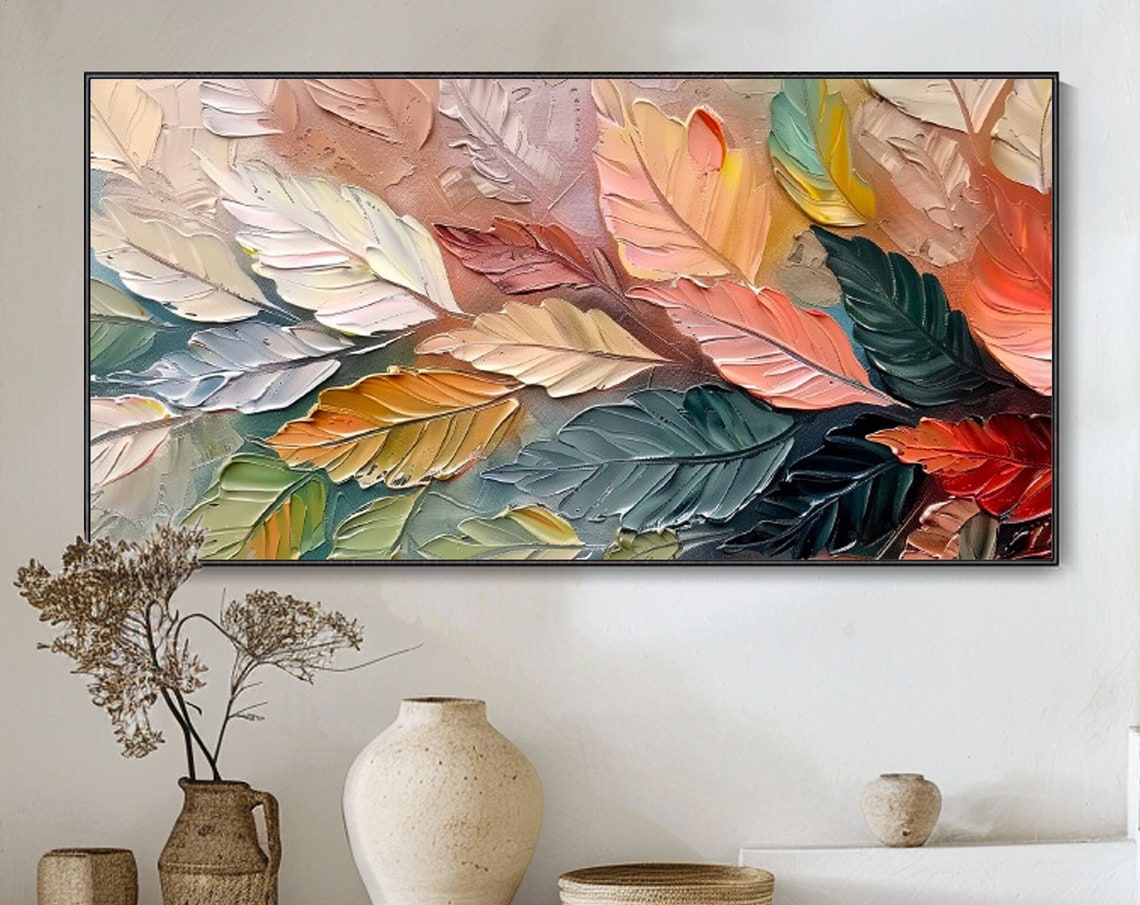 Autumn Leaves Close Up Multicolor Foliage Textured Oil Wall Art