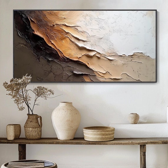 Abstract Art Beige Brown White Earth Tones Tranquil Elegance Home Wall Decor Textured Layering Thick Modern Decorative Original Hand