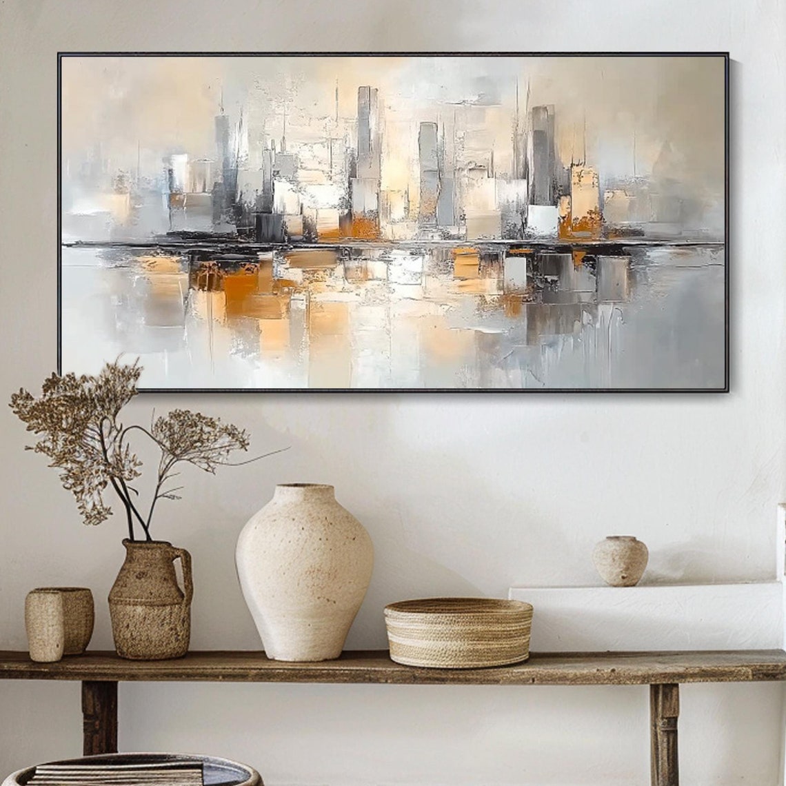 Neutral Gray Beige City Skyline Water Reflection Modern Wall Art