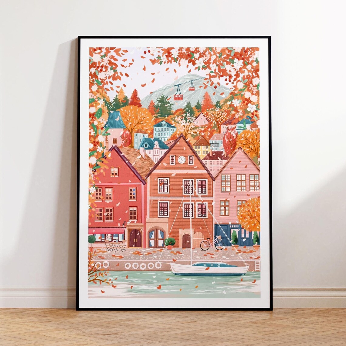 Bergen Norway Norwegian Fjords Travel Poster, Autumn