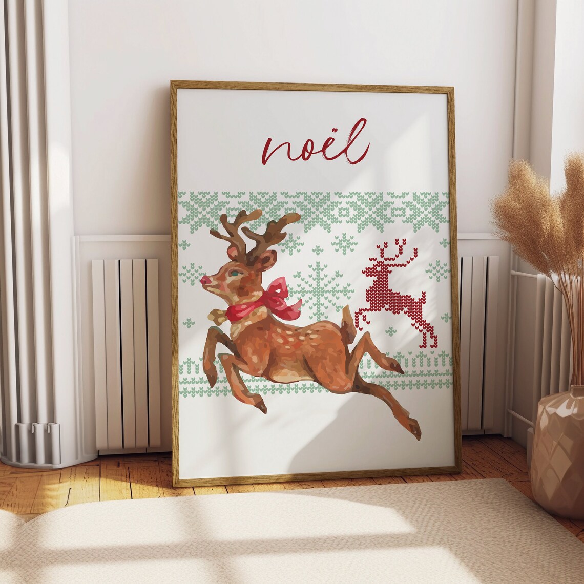 Noel Reindeer Christmas Poster Vintage Nordic Knit Pattern Wall Decor - Image 2