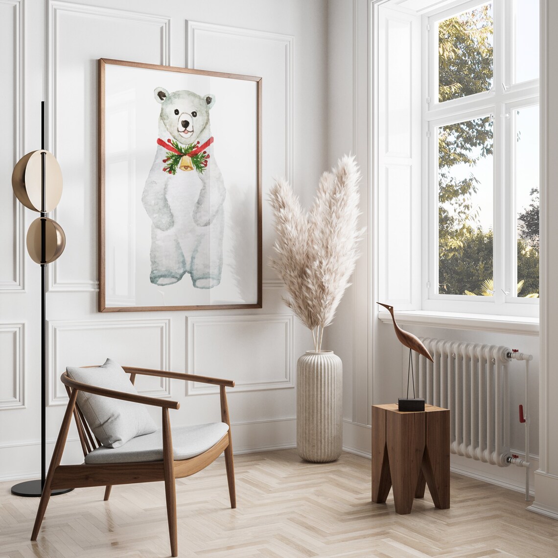 Cute Polar Bear Christmas Poster Watercolor Bell And Holly Wall Decor - Image 2