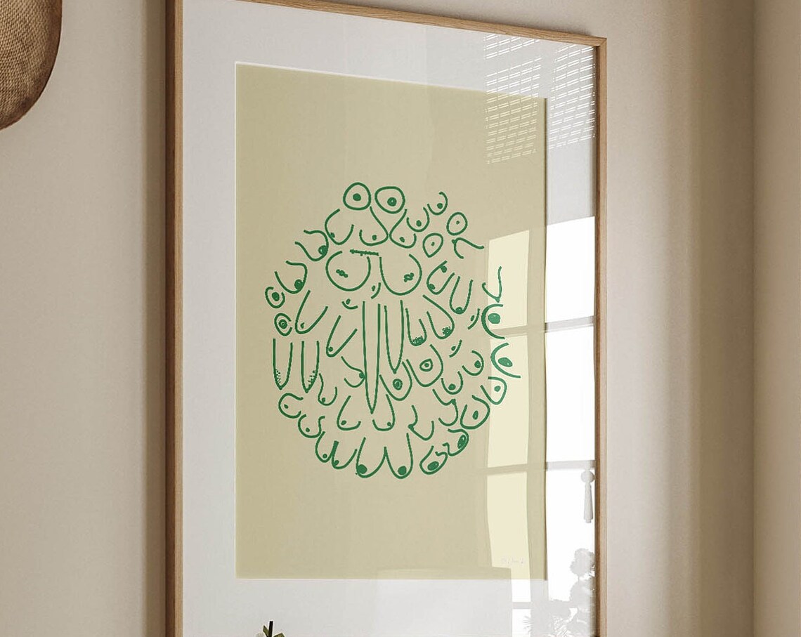 Body Positive Boob Line Art Green Circle Funny Bathroom Wall Poster
