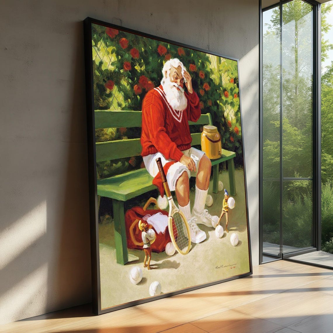 Santa Claus Tennis Break Courtside Bench Whimsical Holiday Poster