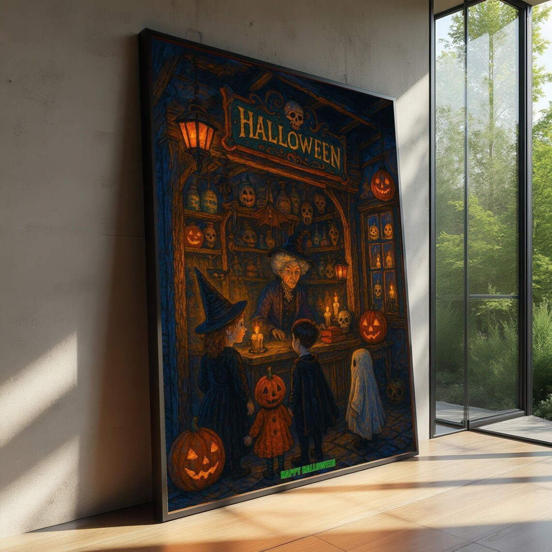 Spooky Halloween Witch Shop Canvas Kids Trick Or Treating Art Pumpkin Jackolantern Wall Decor Candlelit Dark Fantasy
