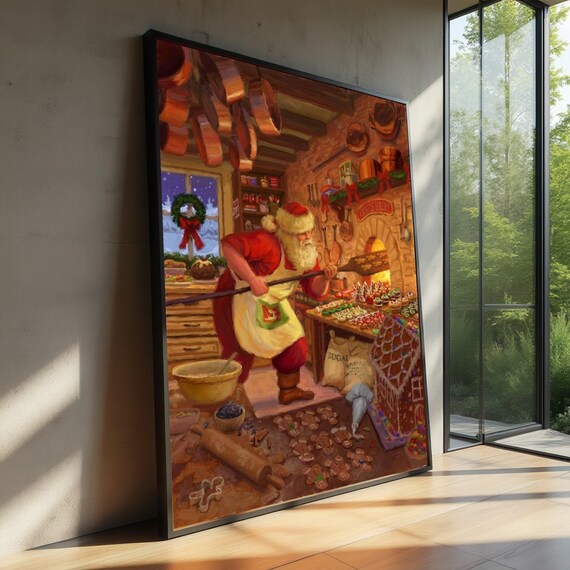 Santa Baking Christmas Cookies Canvas Holiday Kitchen Scene Wall Art Festive Seasonal Decor Xmas Oven Illustration Cozy