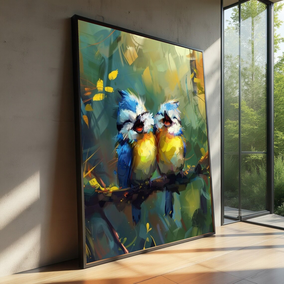 Cheerful Blue Songbirds On Branch Whimsical Painterly Bird Wildlife Poster