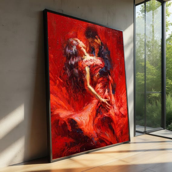 Passionate Flamenco Dance Canvas Romantic Couple Wall Art Red Abstract Expressive Movement Home Decor Artwork