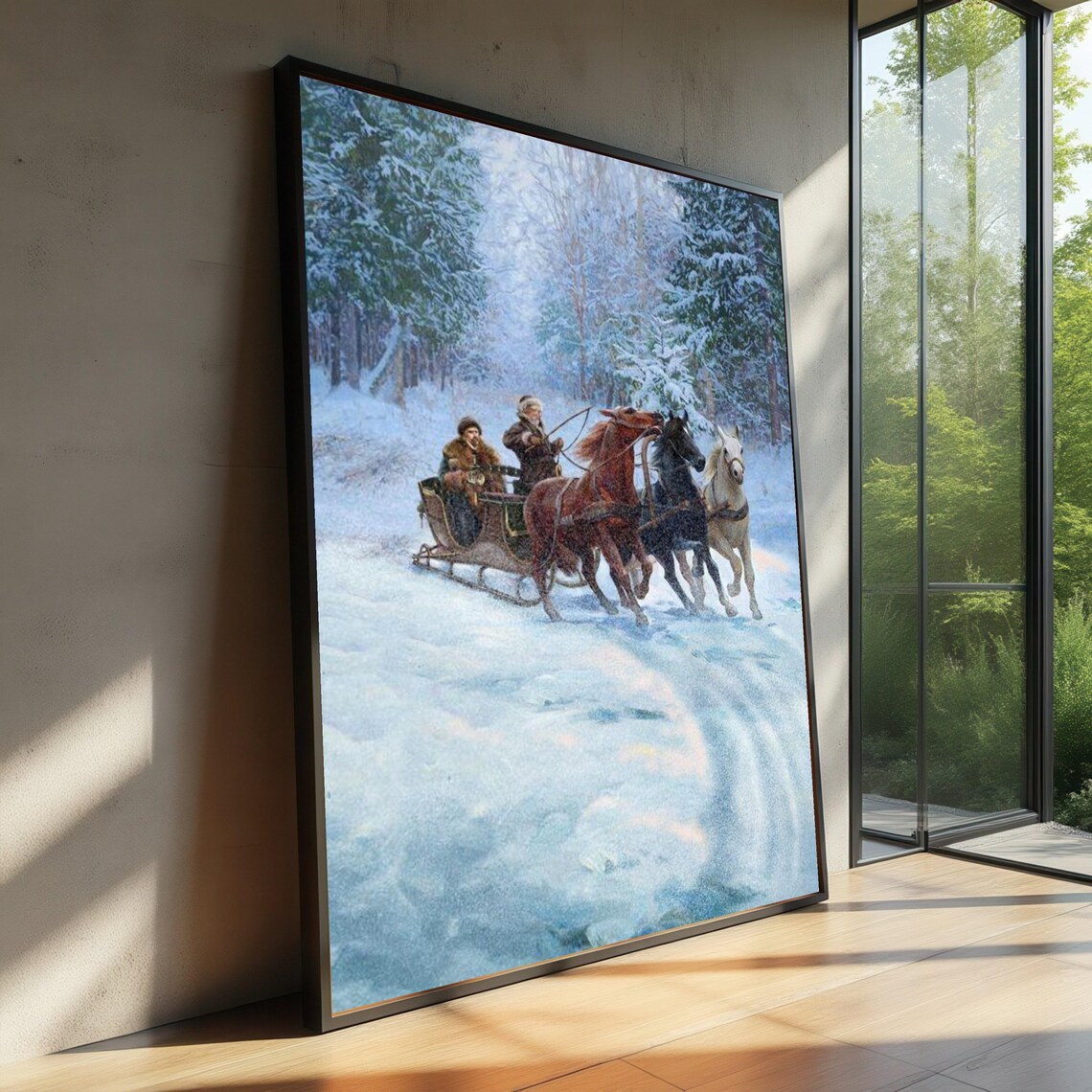 Winter Sleigh Ride Poster Print, Snowy Forest Scene