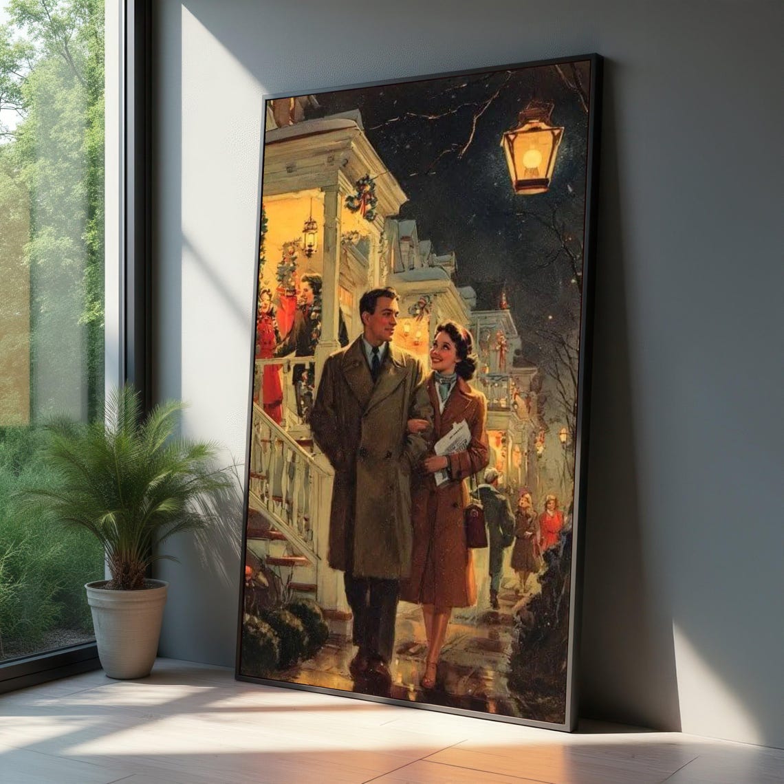 Vintage Romantic Couple Snowy Night Street Lanterns Nostalgic Poster