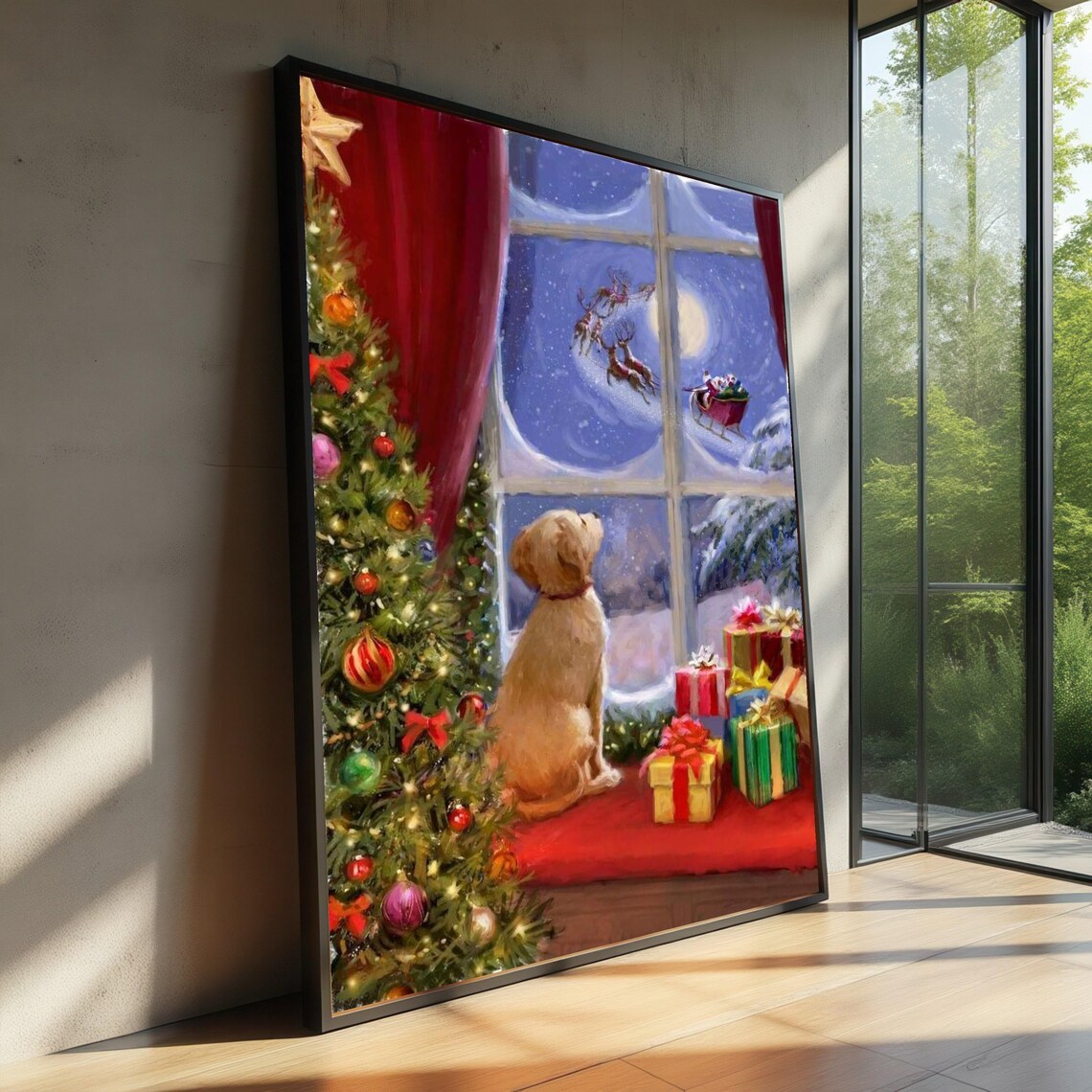 Christmas Puppy Watching Santa Sleigh Fly Past Window Night Tree Poster