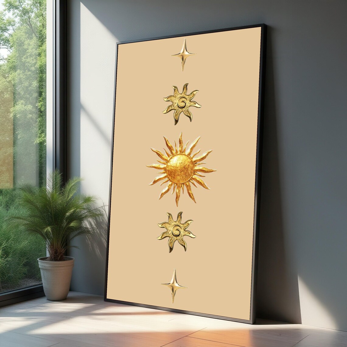 Golden Sun And Star Art Print, Boho Sunburst Design