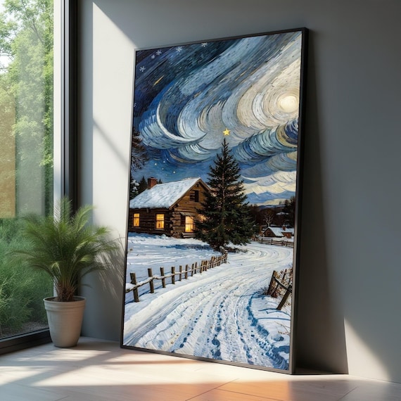 Winter Cabin Scene Canvas Snowy Landscape Wall Art Rustic Cottage Decoration Starry Night Sky Cozy Holiday