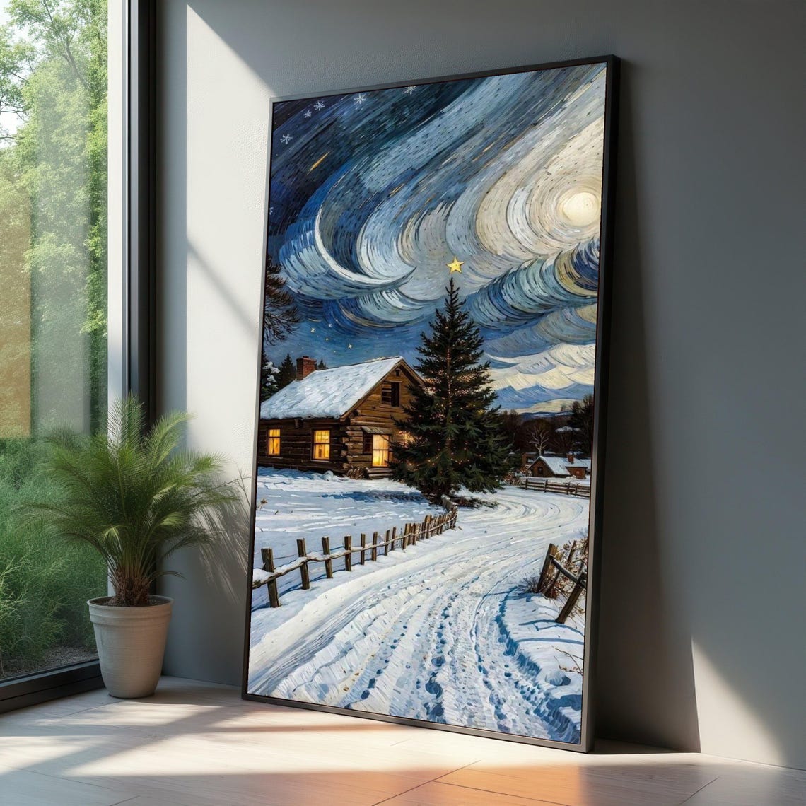 Snowy Winter Cabin Under Swirling Starry Night Sky Scene Poster