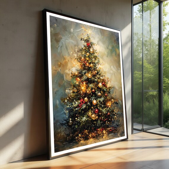Festive Christmas Tree Golden Ornaments Warm Lights Holiday Art Poster
