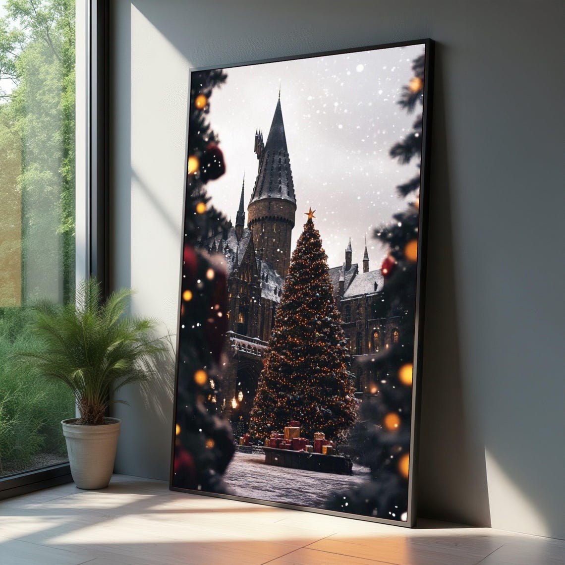 Magical Snowy Winter Castle Christmas Tree Night Scene Poster