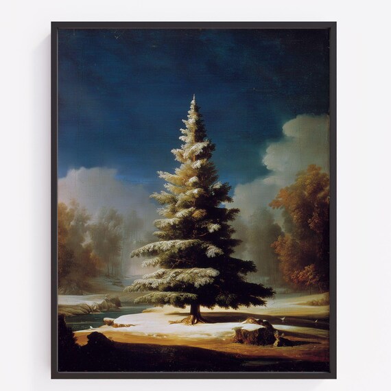 Snowy Pine At Night Winter Forest Vintage Oil Painting Style Wall Print