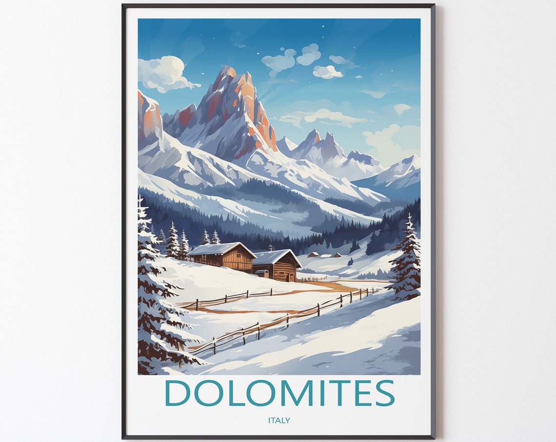 Dolomites Italy Snowy Alpine Peaks Cabin Winter Wonderland Poster