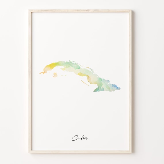 Cuba Watercolor Country Map Art Poster Pastel Caribbean Travel Decor