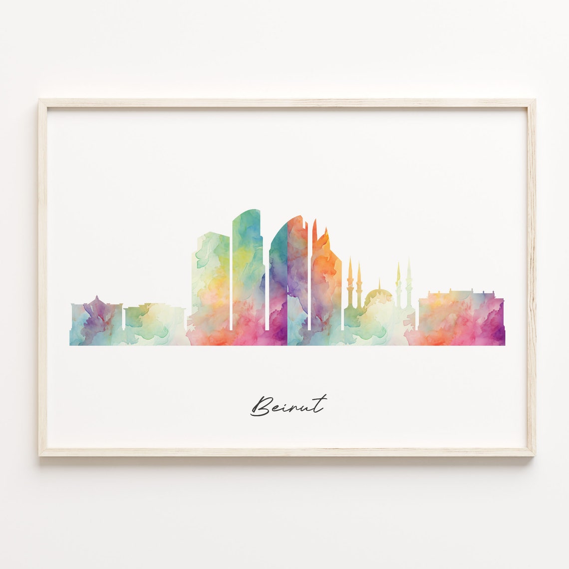 Beirut Lebanon Vibrant Watercolor Script Skyline Cityscape Poster