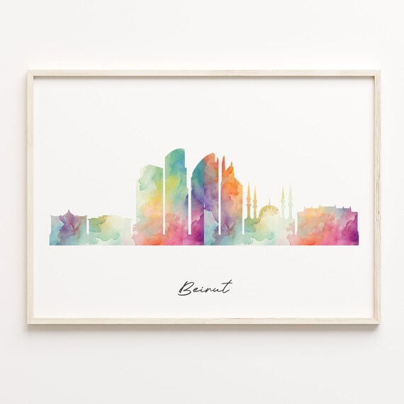 Beirut Lebanon Vibrant Watercolor Script Skyline Cityscape Poster