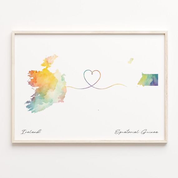 Ireland To Equatorial Guinea Watercolor Countries Heart Map Connection Print