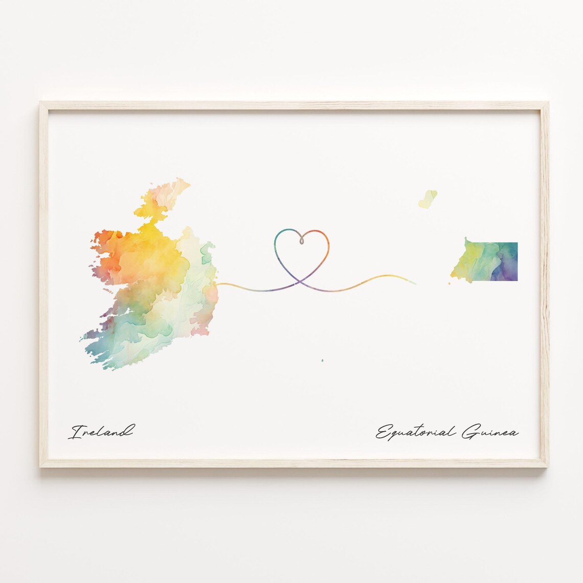 Ireland To Equatorial Guinea Watercolor Countries Heart Map Connection Print