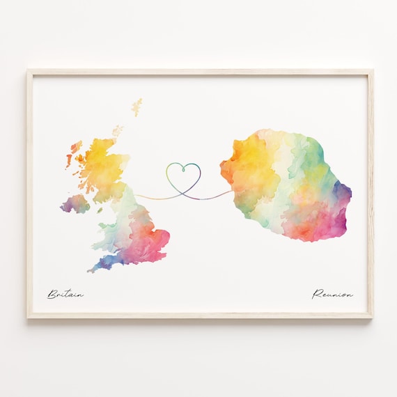 Britain To Reunion Watercolor Heart Connection Map Decor Art Poster