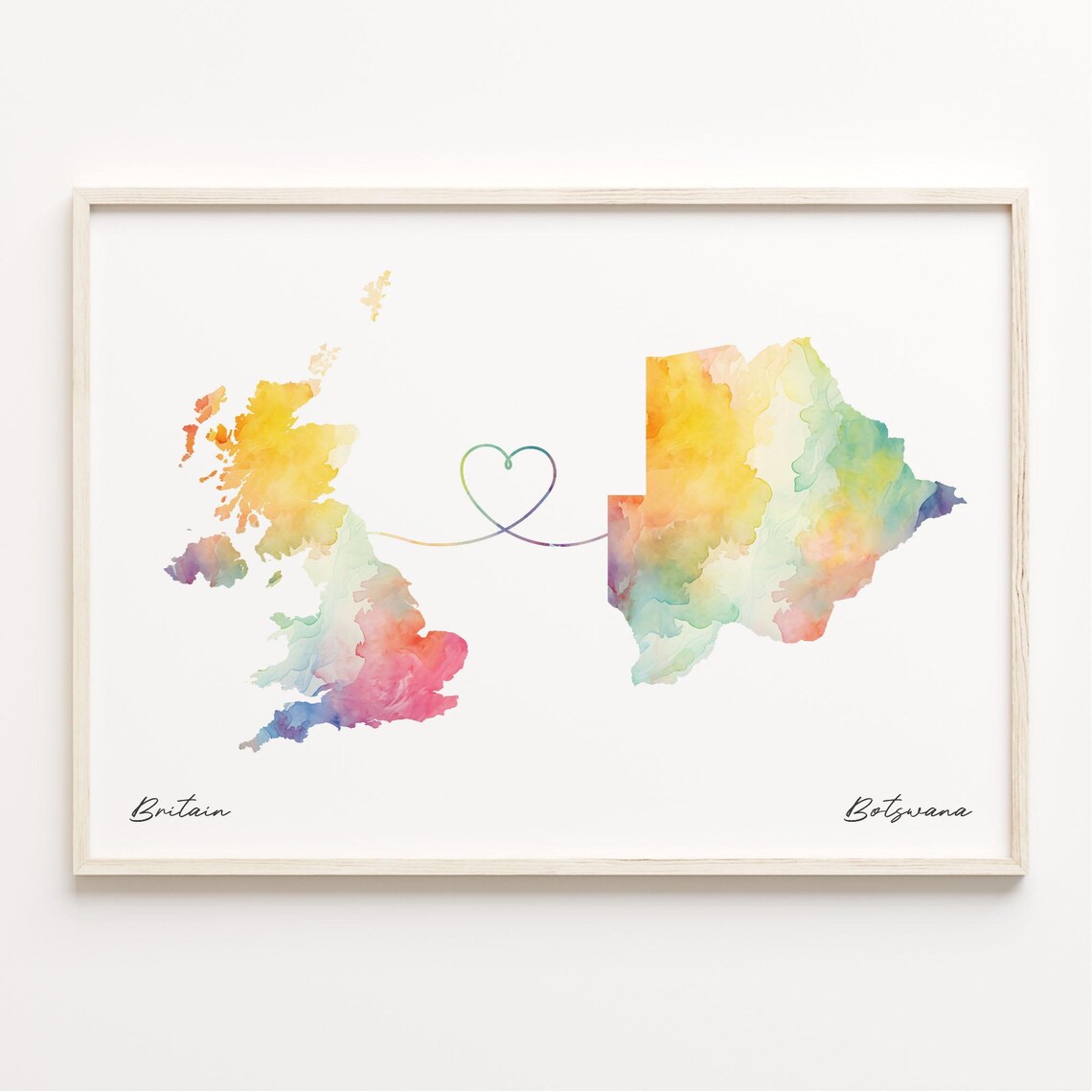 Britain Botswana Watercolor Heart Map Long Distance Love Poster