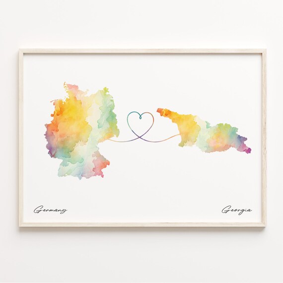 Germany to Georgia Watercolor Heart Map Long Distance Connection Poster