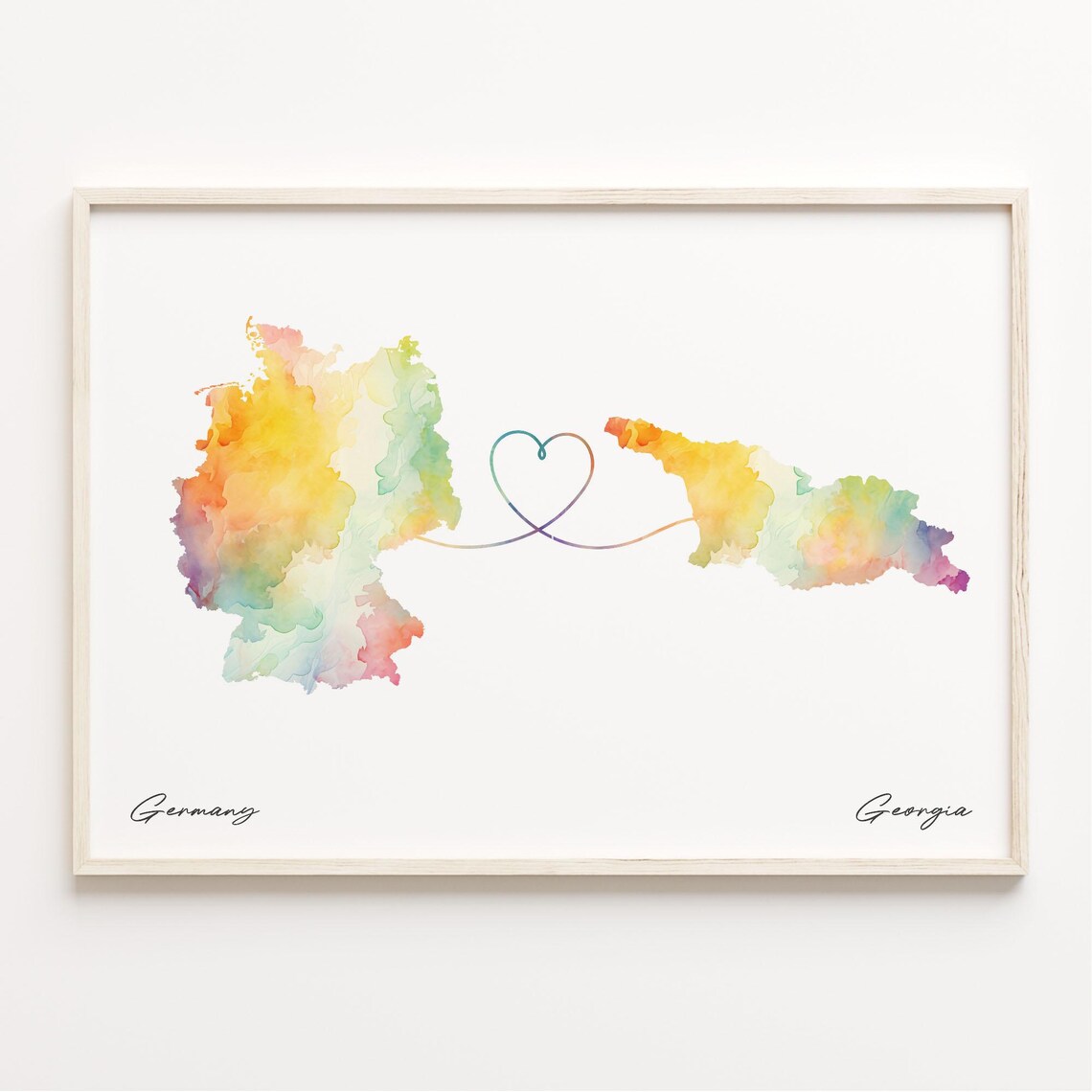 Germany to Georgia Watercolor Heart Map Long Distance Connection Poster