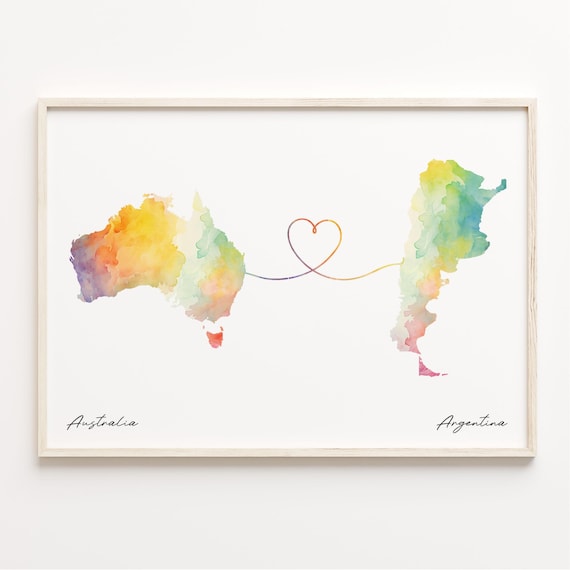 Australia To Argentina Watercolor Map Heart Line Travel Poster