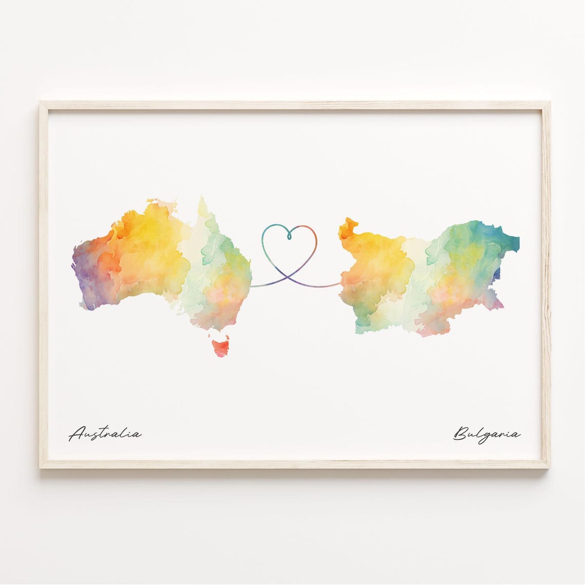 Australia To Bulgaria Watercolor Heart Map Long Distance Love Poster